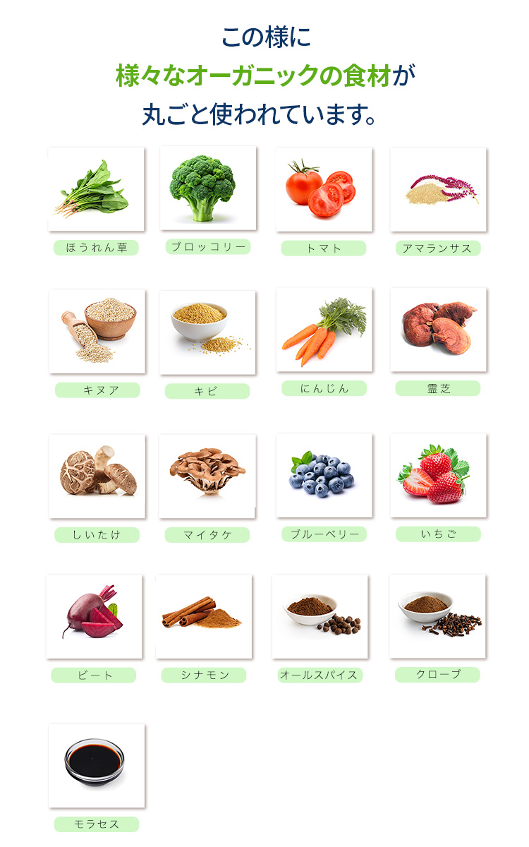 この様に様々なオーガニックの食材が丸ごと使われています。霊芝、舞茸、しいたけ、高麗人参、トマト、エンドウ豆、にんじん、ほうれん草、ピーマン、さくらんぼ、バナナ、りんご、いちご、ブルーベリー、アマランサス、キノア、キビ、シナモン、オールスパイス、クローブなど