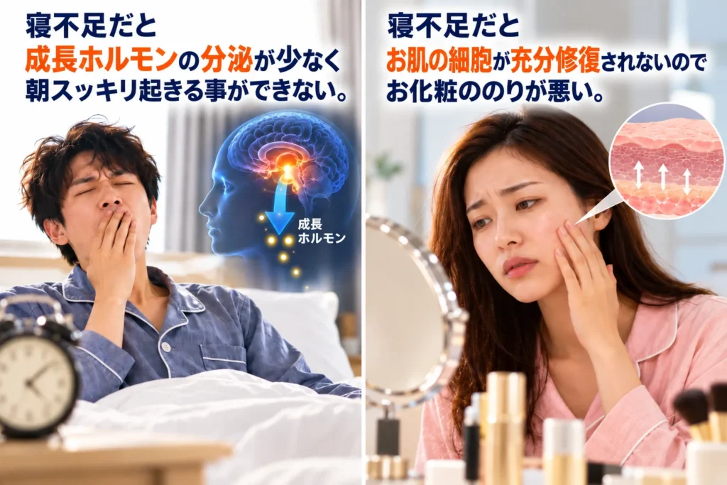 寝不足だと成長ホルモンの分泌が少なく朝スッキリ起きる事ができない。
寝不足だとお肌の細胞が十分修復されないのでお化粧ののりが悪い。