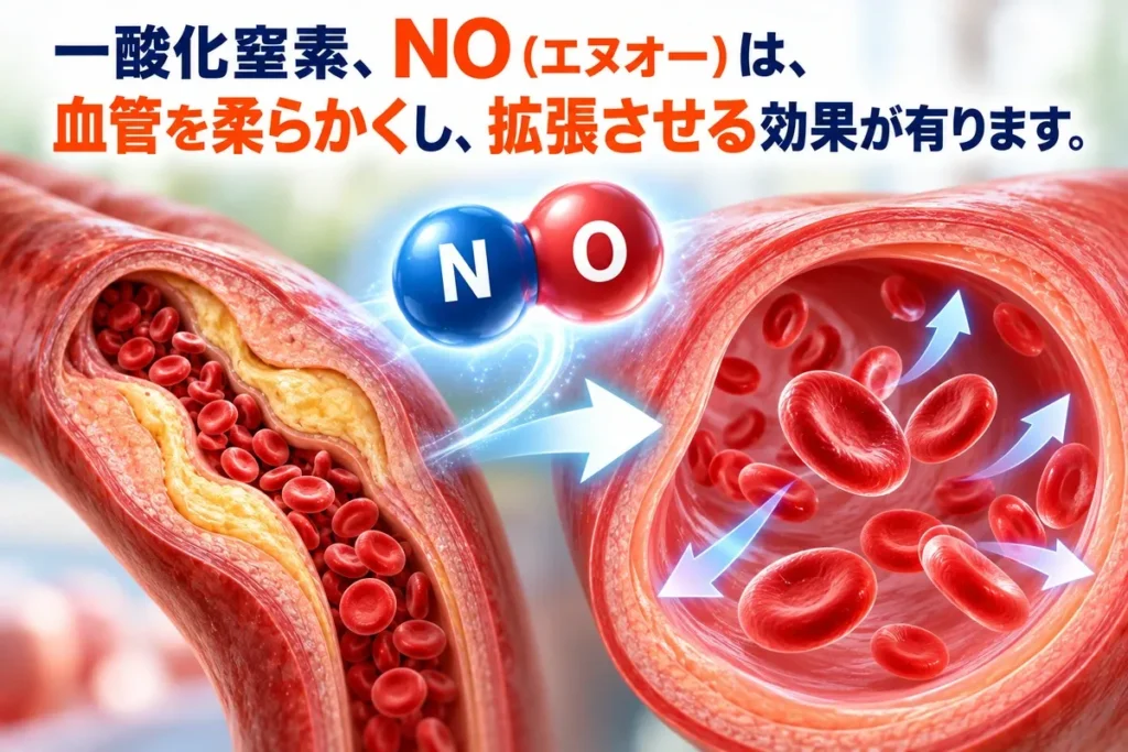 一酸化窒素、NO（エヌオー）は、血管を柔らかくし拡張させる効果があります。
